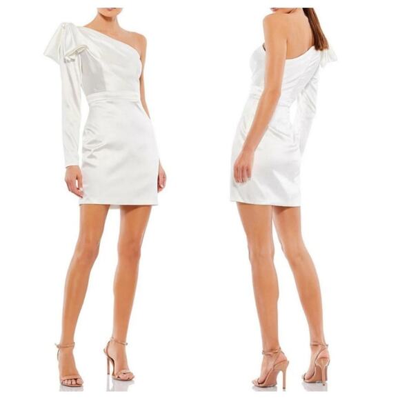 Mac Duggal Ieena Bow One Shoulder Long Sleeve Sheath Mini Dress in Ivory - Picture 1 of 7